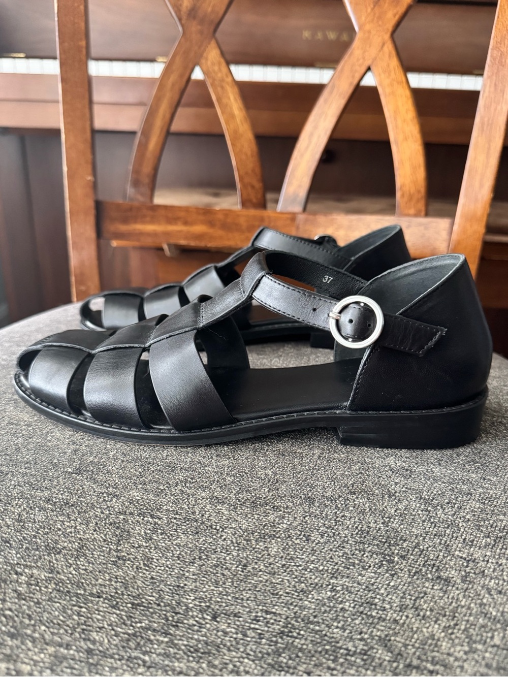 Anthropologie Pilcro Maris Fisherman Sandals 37 Black Leather Classic Cage Flats - Picture 7 of 15
